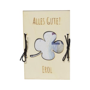Personalisiertes Geldgeschenk Kleeblatt mit Wunschtext 15x10cm zu unterschiedlichen Anlässen - Holzkarte Geschenkidee Geburtstag Ruhestand