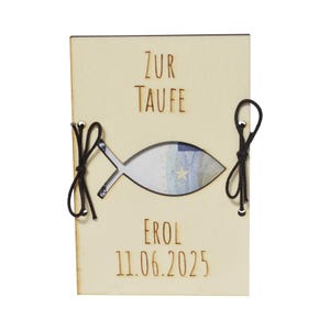 Personalisiertes Geldgeschenk zur Taufe Fisch mit Wunschtext 15x10cm  - Holzkarte Geschenkidee Konfirmation Heilige Kommunion Erstkommunion