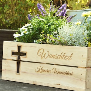 Holzkiste Personalisiert Kreuz mit Wunschtext - Gravierte Erinnerungskiste Taufe Konfirmation Kommunion Pflanzkiste Abschied