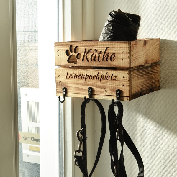 Leinenparkplatz Personalisierte Garderobe für Leinen 22x20x15cm Holzkiste Geflammt Wandhaken Geschenkidee Haustiere Aufbewahrungsbox Zubehör