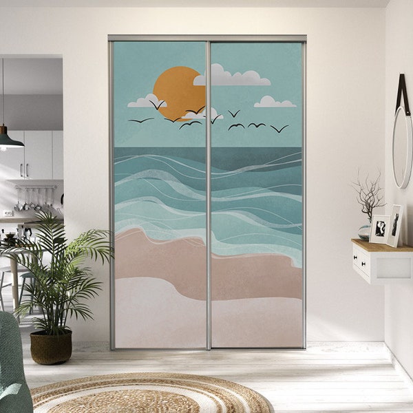 Panoramic cupboard door stickers sea landscape sunset