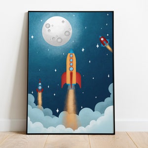 Cohete de póster A3 rumbo a la luna, el espacio y el planeta.