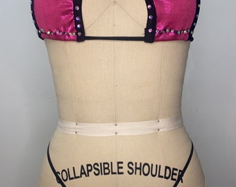 Pink & Black Rhinestone Two Piece Exotic Dancewear Set