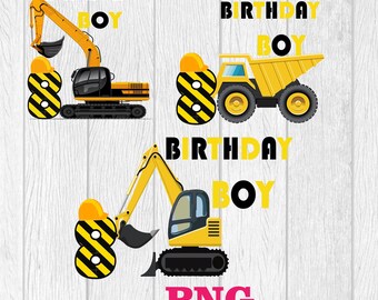 Może przedstawiać: Trzy cyfrowe ilustracje przedstawiające pojazdy budowlane i napis "BIRTHDAY BOY". Projekty obejmują żółtą koparkę, wywrotkę i koparkę, każda w połączeniu z cyfrą osiem i kaskiem budowlanym.