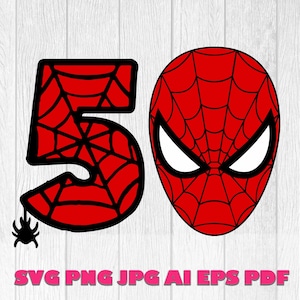 Puede incluir: Gráfico rojo y negro con el número 50 con diseño de telaraña y una araña. A la derecha, una máscara de Spider-Man. La parte inferior de la imagen tiene el texto "SVG PNG JPG AI EPS PDF".
