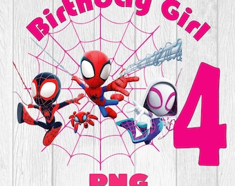 Ragazza di Spidey per il 4° compleanno PNG: design per maglietta da supereroe (download immediato)