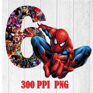 Op de afbeelding: Een digitale afbeelding met de letter "C" gevuld met een collage van Marvel-personages. Spider-Man, in zijn rood-blauwe pak, is rechts gepositioneerd. De tekst "300 PPI PNG" staat onderaan.