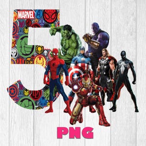May include: A digital graphic featuring the number 5 with a Marvel logo and various superhero characters. The superheroes include Spider-Man, Hulk, Captain America, Iron Man, Thor, Thanos, and a black and white Spider-Man. The word "PNG" is in pink.