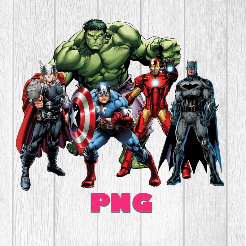 May include: A digital graphic featuring the Avengers and Batman. The Hulk is green, Thor has a red cape, Captain America holds a shield, Iron Man is in red and gold armor, and Batman wears a black suit. The word "PNG" is in pink.