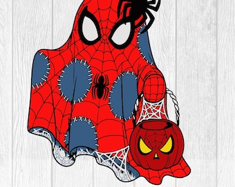 May include: A Halloween-themed graphic featuring a ghost in a Spider-Man costume. The ghost is red with a spiderweb design, blue patches, and a black spider on top. It holds a pumpkin-shaped candy bucket. The text "SVG PNG JPG AI EPS PDF" is at the bottom.