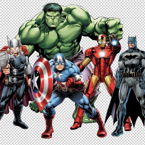 May include: A group of comic book superheroes, including Thor, Hulk, Captain America, Iron Man, and Batman, stand together. Thor holds a hammer, Captain America has a shield, and Iron Man has a glowing hand. The Hulk is large and green.