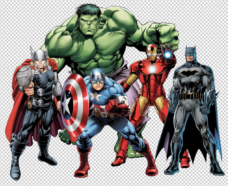 May include: A group of comic book superheroes, including Thor, Hulk, Captain America, Iron Man, and Batman, stand together. Thor holds a hammer, Captain America has a shield, and Iron Man has a glowing hand. The Hulk is large and green.