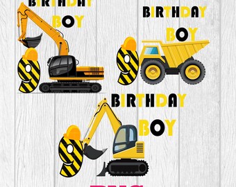 Może przedstawiać: Trzy cyfrowe ilustracje pojazdów budowlanych: koparka, wywrotka i kolejna koparka. Każdy obraz zawiera tekst "BIRTHDAY BOY" w kolorze żółtym i czarnym oraz cyfrę 9 z kaskiem budowlanym. Widoczne jest również słowo "PNG".