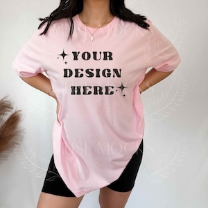 Bella Canvas 3001 Mockup Pink Mockup Pink shirt mockup Bella canvas mockup Mock ups Model Mockup Woman in Oversized Bella Canvas