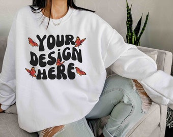 Gildan 18000 Mockup White Mockup Gildan Sweatshirt Mockup Model Mockup Mock ups Gildan 18000 White Mockup sweatshirt mockup Hoodie Mock