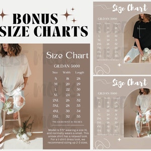May include: The image presents three size charts for Gildan 5000 shirts, with measurements in inches. Sizes range from S to 5XL, showing width and length. The text "BONUS 3 SIZE CHARTS" is at the top. A model is shown wearing a shirt.