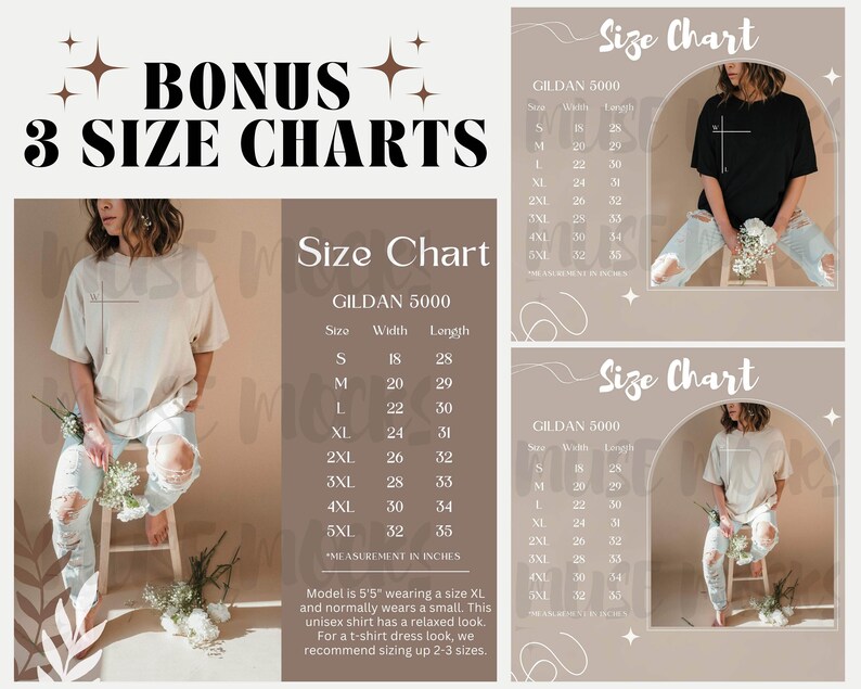 May include: The image presents three size charts for Gildan 5000 shirts, with measurements in inches. Sizes range from S to 5XL, showing width and length. The text "BONUS 3 SIZE CHARTS" is at the top. A model is shown wearing a shirt.