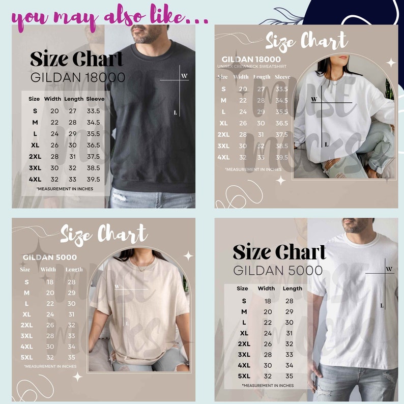 May include: Size chart for Gildan 18000 and Gildan 5000 t-shirts. The chart shows the width, length, and sleeve length in inches for sizes S through 5XL.