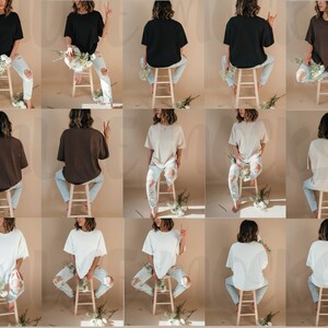 May include: A collection of images displaying different solid-colour t-shirts. The shirts are black, brown, beige, and white. The shirts are worn with light blue ripped jeans. The model is seated on a wooden stool and holding flowers.