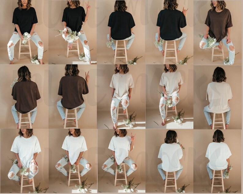May include: A collection of images displaying different solid-colour t-shirts. The shirts are black, brown, beige, and white. The shirts are worn with light blue ripped jeans. The model is seated on a wooden stool and holding flowers.