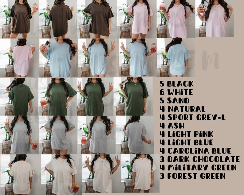 May include: A variety of oversized t-shirts in different colors, including black, white, sand, natural, sport grey, ash, light pink, light blue, Carolina blue, dark chocolate, military green, and forest green. 5 Black, 6 White, 5 Sand, 4 Natural, 4 Sport Grey-L, 4 Ash, 4 Light Pink, 4 Light Blue, 4 Carolina Blue, 3 Dark Chocolate, 4 Military Green, 3 Forest Green.