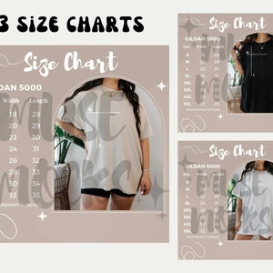 May include: Three size charts for Gildan 5000 t-shirts. The charts show the width and length measurements in inches for sizes S through 5XL.