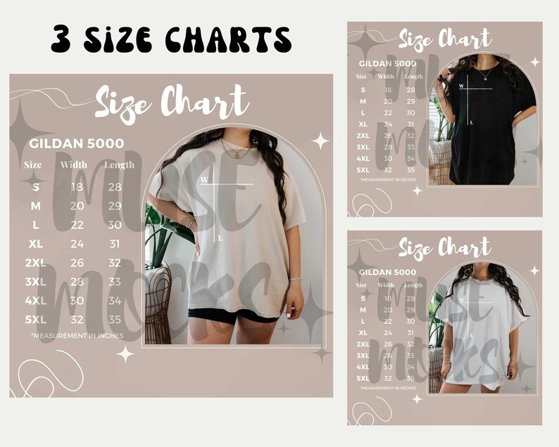 May include: Three size charts for Gildan 5000 t-shirts. The charts show the width and length measurements in inches for sizes S through 5XL.