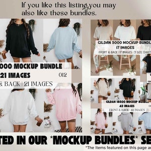 May include: A collage of images showcasing different mockup bundles for Gildan t-shirts. The bundles include various colors and styles of t-shirts, with images of both the front and back of each shirt. The text on the images indicates the number of images included in each bundle, as well as the size charts available. The text "Located in our *Mockup Bundles* section" is also included in the image.