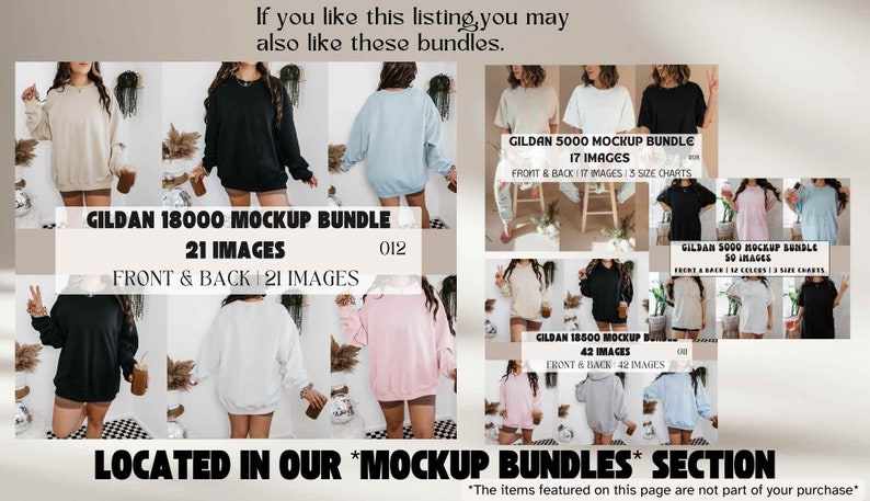 May include: A collage of images showcasing different mockup bundles for Gildan t-shirts. The bundles include various colors and styles of t-shirts, with images of both the front and back of each shirt. The text on the images indicates the number of images included in each bundle, as well as the size charts available. The text "Located in our *Mockup Bundles* section" is also included in the image.