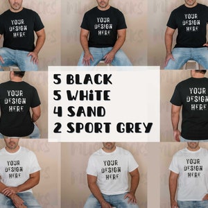 May include: A collage of 18 t-shirts in various colors, including black, white, sand, and sport grey. Each t-shirt features the text "YOUR DESIGN HERE" printed on the front.