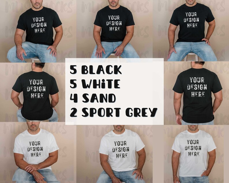 May include: A collage of 18 t-shirts in various colors, including black, white, sand, and sport grey. Each t-shirt features the text "YOUR DESIGN HERE" printed on the front.