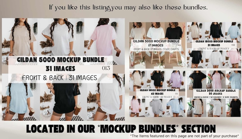 K&ouml;nnte beinhalten: Eine Collage von Bildern, die verschiedene Gildan T-Shirt-Mockups zeigen. Die Mockups zeigen verschiedene Farben und Stile von T-Shirts, darunter Langarm- und Kurzarmoptionen. Der Text "Gildan 5000 Mockup Bundle 31 Images" ist auf dem Bild zu sehen.