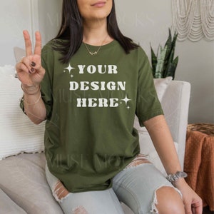 3001 Olive Green Bella Canvas Mockup Olive Mock 3001 Shirt Mockup Green shirt mockup Mock ups Model Mockup Woman in Oversized Bella Canvas
