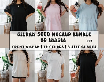 May include: A mockup bundle of 50 images featuring a Gildan 5000 t-shirt in 12 different colors. The images show the t-shirt from the front and back, and include 3 size charts. The text "GILDAN 5000 MOCKUP BUNDLE 50 IMAGES 007 FRONT & BACK | 12 COLORS | 3 SIZE CHARTS" is displayed on the image.