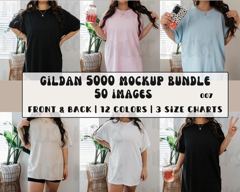 May include: A mockup bundle of 50 images featuring a Gildan 5000 t-shirt in 12 different colors. The images show the t-shirt from the front and back, and include 3 size charts. The text "GILDAN 5000 MOCKUP BUNDLE 50 IMAGES 007 FRONT & BACK | 12 COLORS | 3 SIZE CHARTS" is displayed on the image.