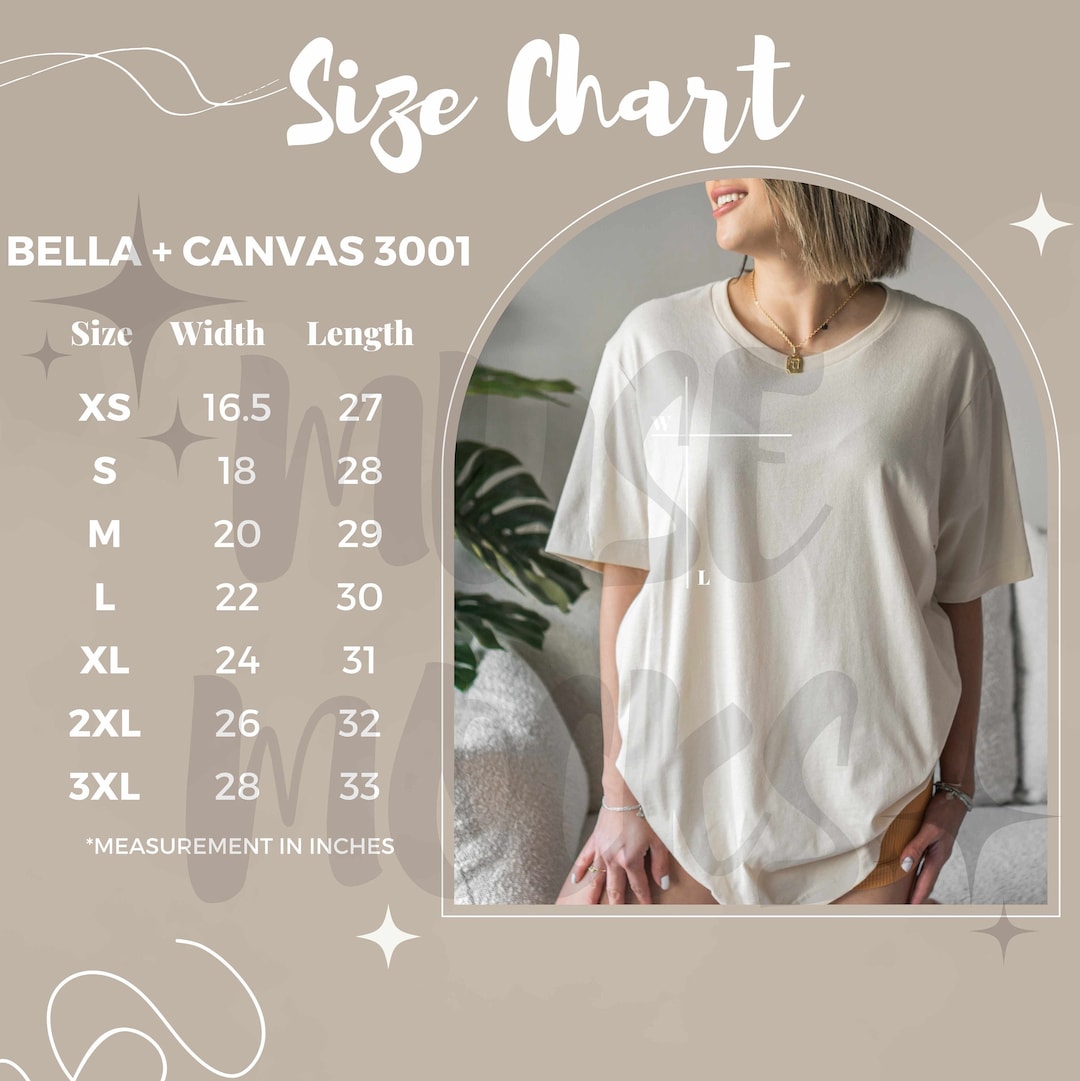 Bella Canvas Size Chart Sizing Chart Bella Canvas 3001 Mockup - Etsy