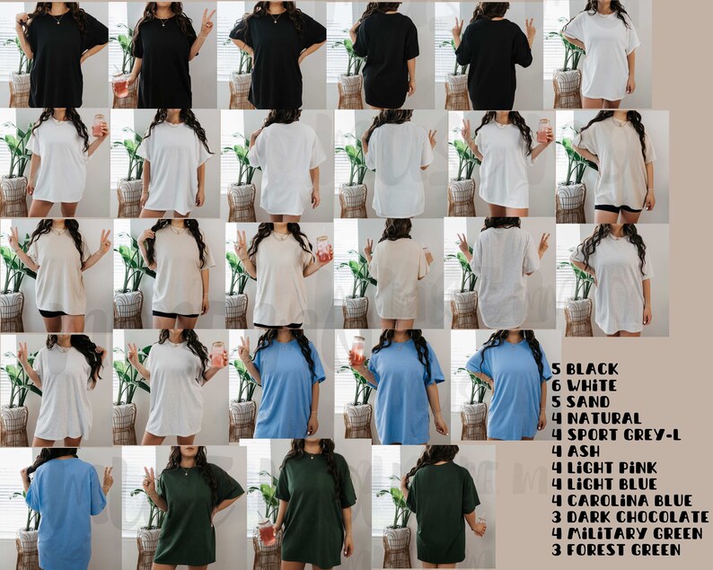 May include: A variety of oversized t-shirts in different colors, including black, white, sand, natural, light pink, light blue, Carolina blue, dark chocolate, military green, and forest green. The shirts are all made of a soft, comfortable material and are perfect for everyday wear.