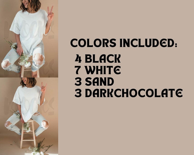 May include: A white t-shirt with a large, stylized design is worn with ripped blue jeans. The image includes the text "COLORS INCLUDED: 4 BLACK, 7 WHITE, 3 SAND, 3 DARKCHOCOLATE". The person is sitting on a wooden stool and holding flowers.