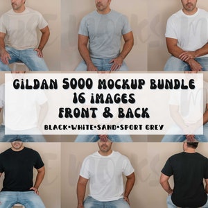 May include: Mockup bundle of 16 Gildan 5000 t-shirts in black, white, sand, and sport grey. The shirts are shown on a model in front and back views.