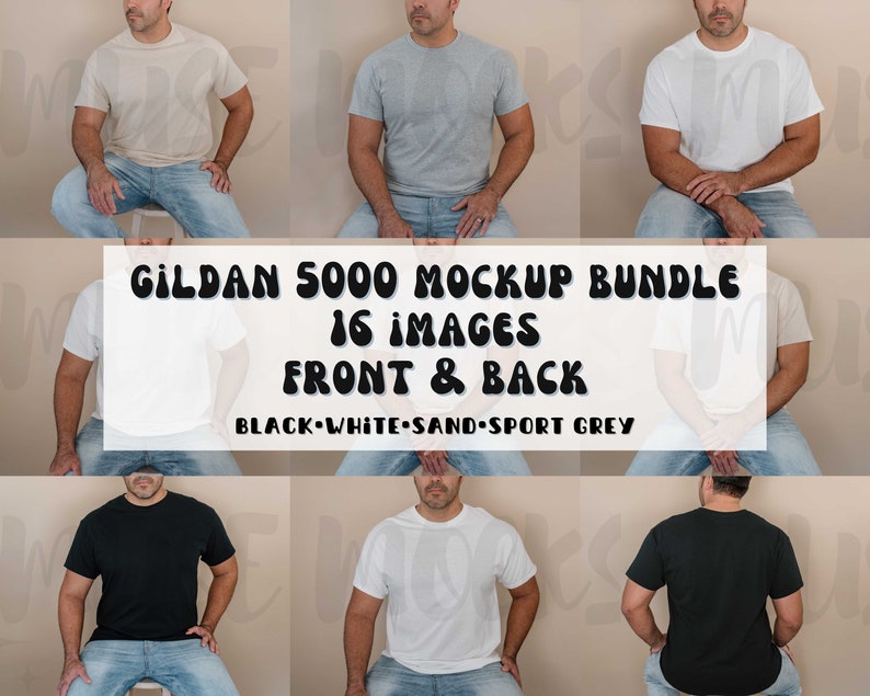 May include: Mockup bundle of 16 Gildan 5000 t-shirts in black, white, sand, and sport grey. The shirts are shown on a model in front and back views.