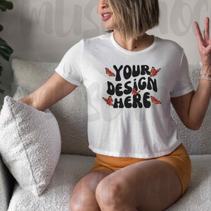 Bella Canvas 8882 White Crop Top mock up Crop Top Mockup Bella Canvas flowy cropped shirt mock ups 8882 White shirt mockup Cropped Tshirt