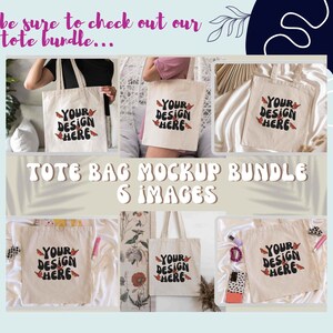 May include: A set of six tote bag mockups featuring a white canvas tote bag with the text "YOUR DESIGN HERE" and a butterfly graphic. The mockups show the tote bag in different settings, including a person holding the bag, the bag on a bed, and the bag on a table.
