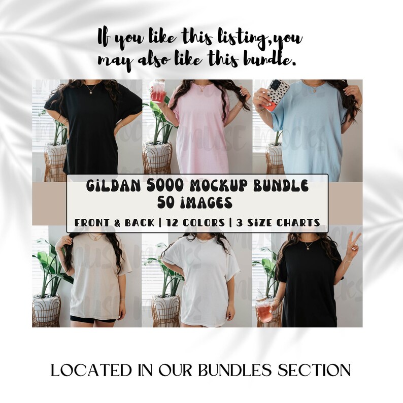 K&ouml;nnte beinhalten: Ein Mockup-Paket mit 50 Bildern von Gildan 5000 T-Shirts in verschiedenen Farben. Die Bilder zeigen die Vorder- und R&uuml;ckseite der Shirts und beinhalten 12 verschiedene Farben und 3 Gr&ouml;&szlig;entabellen.