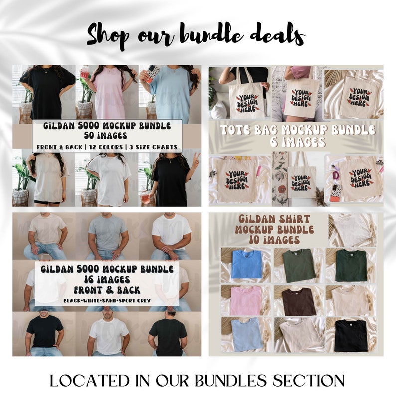 May include: Promotional image displaying mockup bundles, including Gildan 5000 t-shirts and tote bags. The image shows various t-shirt colours and tote bag designs with the text "YOUR DESIGN HERE". Text on the image reads "Shop our bundle deals" and "Located in our bundles section".