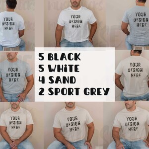 May include: A collage of 14 t-shirts in various colors, including black, white, sand, and sport grey. Each t-shirt features the text "YOUR DESIGN HERE" printed on the front.