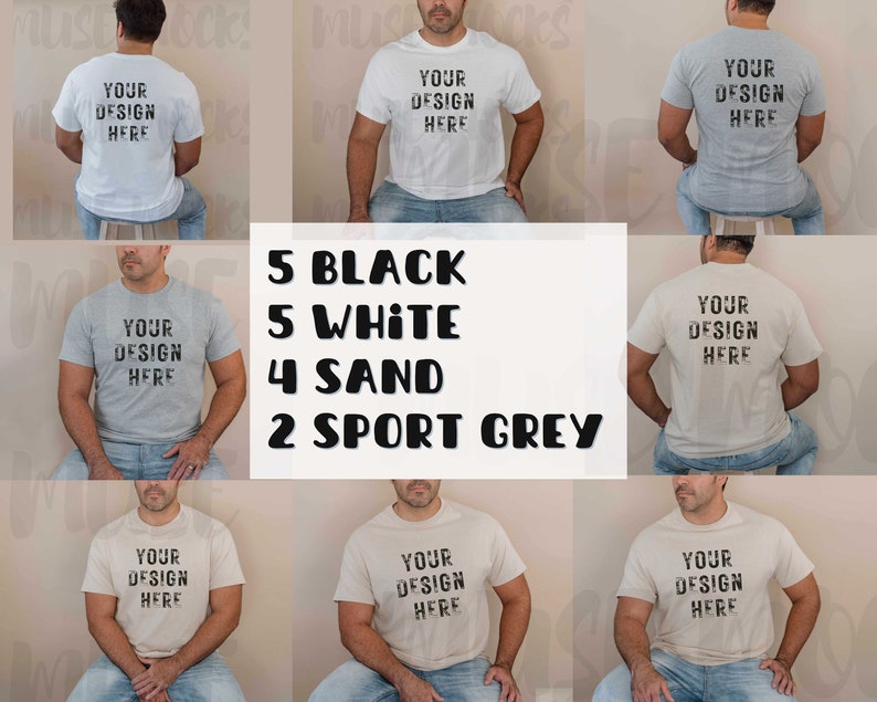 May include: A collage of 14 t-shirts in various colors, including black, white, sand, and sport grey. Each t-shirt features the text "YOUR DESIGN HERE" printed on the front.