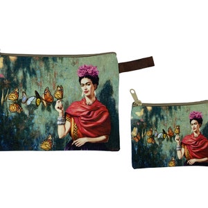 Handgemachtes Täschchen mit Reißverschluss mit einem Frieda Kahlo Motiv bedruckt