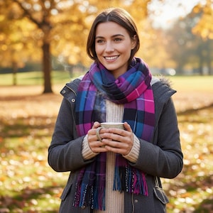 Superbe mélange de laine douce tartan à carreaux pour femme Grande écharpe d&#39;hiver pour femme Cerise rose violet sarcelle