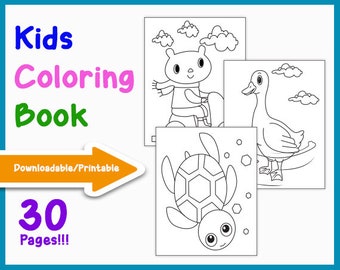 May include: A Kids Coloring Book with 30 pages, featuring printable illustrations of a bear, a duck, and a turtle. The cover has the words "Kids Coloring Book" in blue, pink, and green, with an orange arrow that says "Downloadable/Printable".