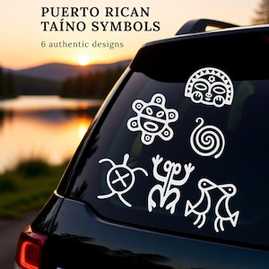 May include: A white vinyl decal set featuring six Puerto Rican Taíno symbols applied to a car window. The text PUERTO RICAN TAÍNO SYMBOLS and 6 authentic designs is printed above the graphics, which include a sun, a spiral, a turtle, a frog, and birds.